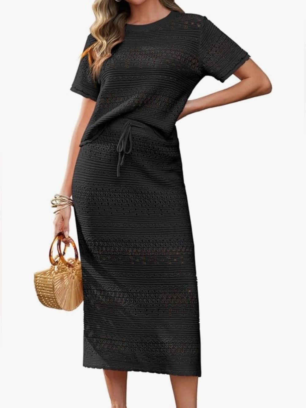 NWT Tankaneo Womens Crochet 2 Piece Skirt Sets Short Sleeve Knit Top, medium